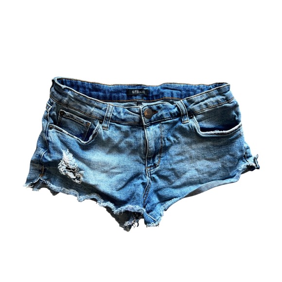 STS Blue Denim Distressed Frayed Hem Ripped Cut Off Jean Shorts - Picture 1 of 5